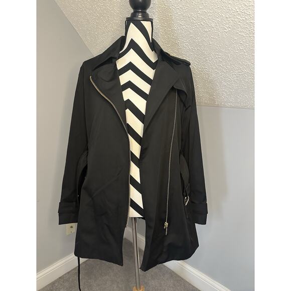 EUC Michael Kors Asymmetrical Belted Coat Black Size Large Gold Hardware Spring - Picture 2 of 11